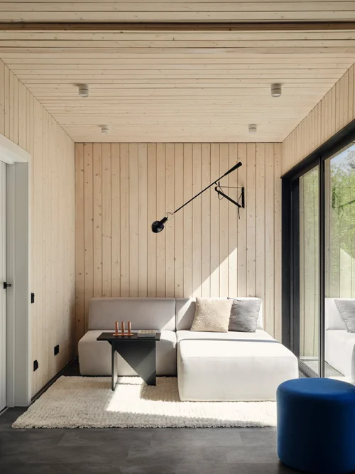 Warm minimalist timber house living room